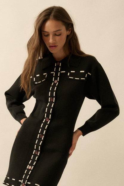 Stitch Perfect Collared Mini Sweater Shirt Dress