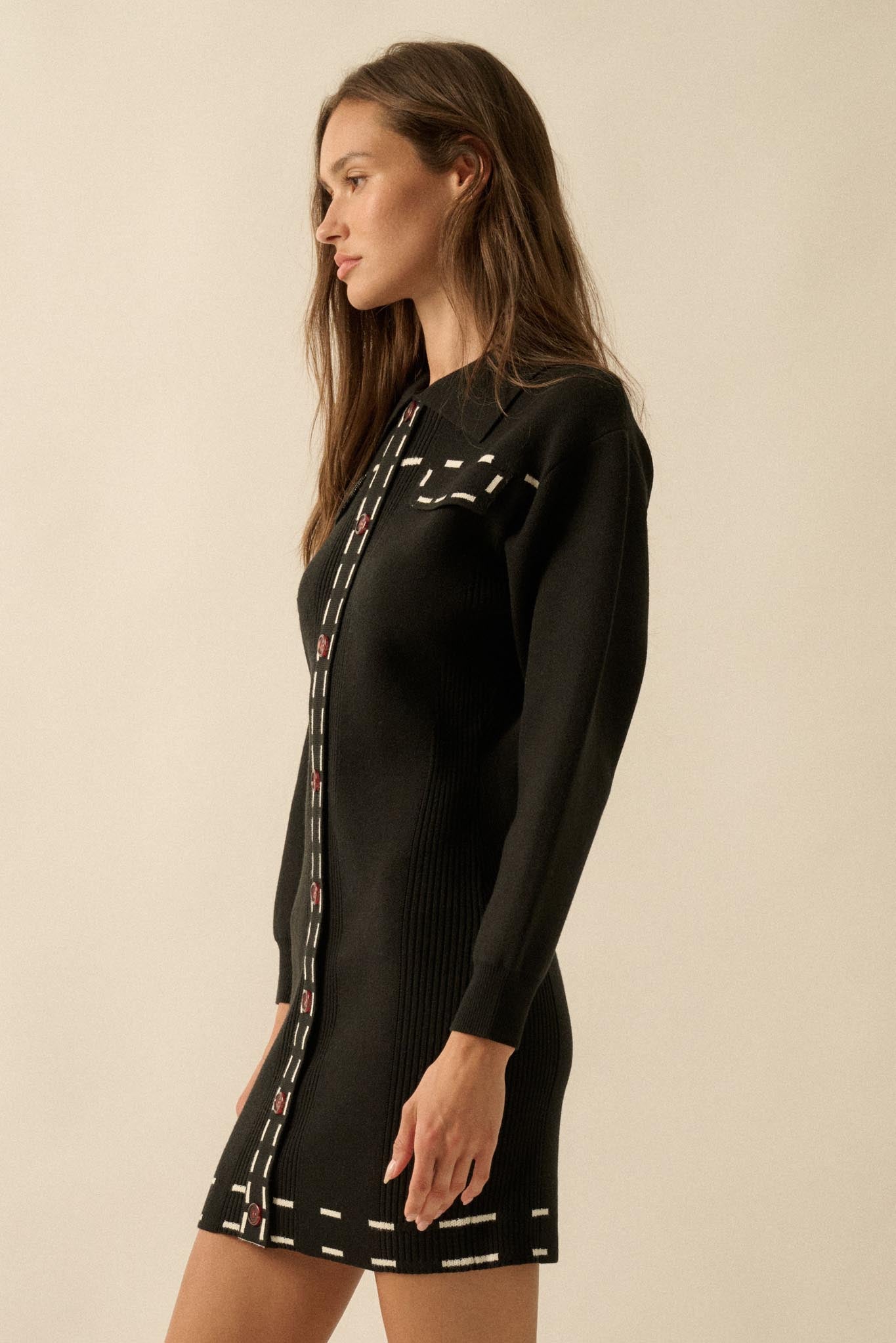 Stitch Perfect Collared Mini Sweater Shirt Dress