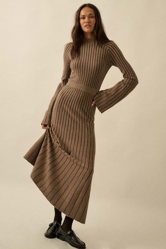 Style Lines Striped Bell-Sleeve Maxi Sweater Dress
