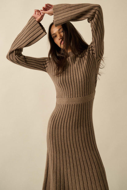 Style Lines Striped Bell-Sleeve Maxi Sweater Dress