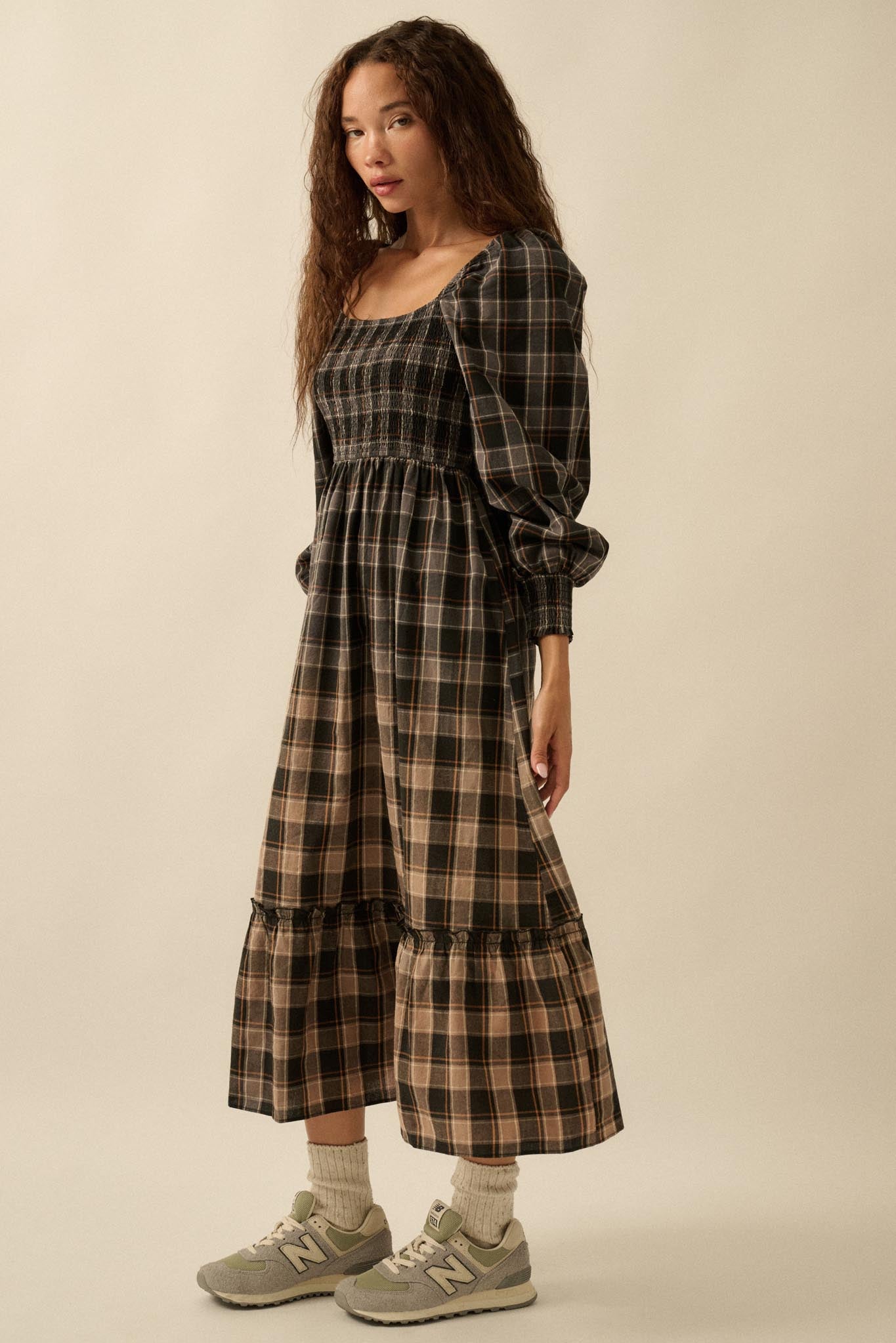 Timeless Tartan Smocked Plaid Midi Prairie Dress