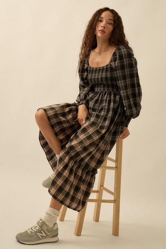 Timeless Tartan Smocked Plaid Midi Prairie Dress