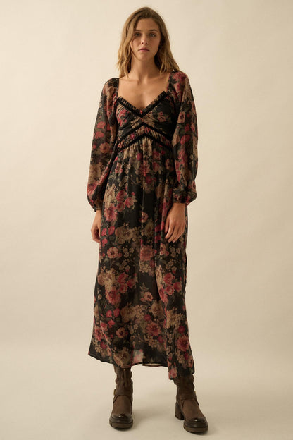 Wildflower Glen Floral Velvet-Trim Maxi Dress