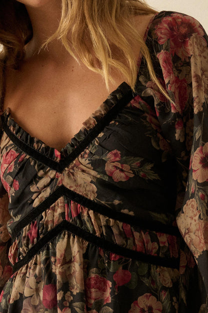 Wildflower Glen Floral Velvet-Trim Maxi Dress