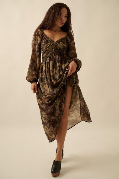 Wildflower Glen Floral Velvet-Trim Maxi Dress