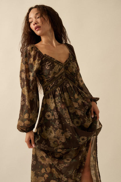 Wildflower Glen Floral Velvet-Trim Maxi Dress