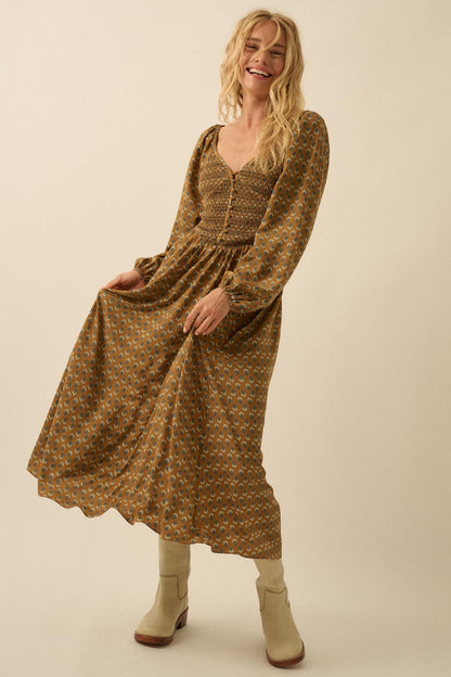 Tiny Petals Smocked Floral Midi Peasant Dress