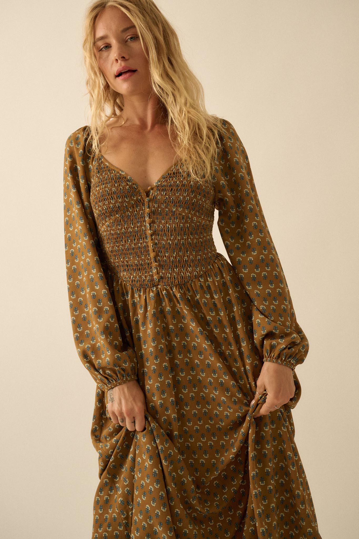 Tiny Petals Smocked Floral Midi Peasant Dress