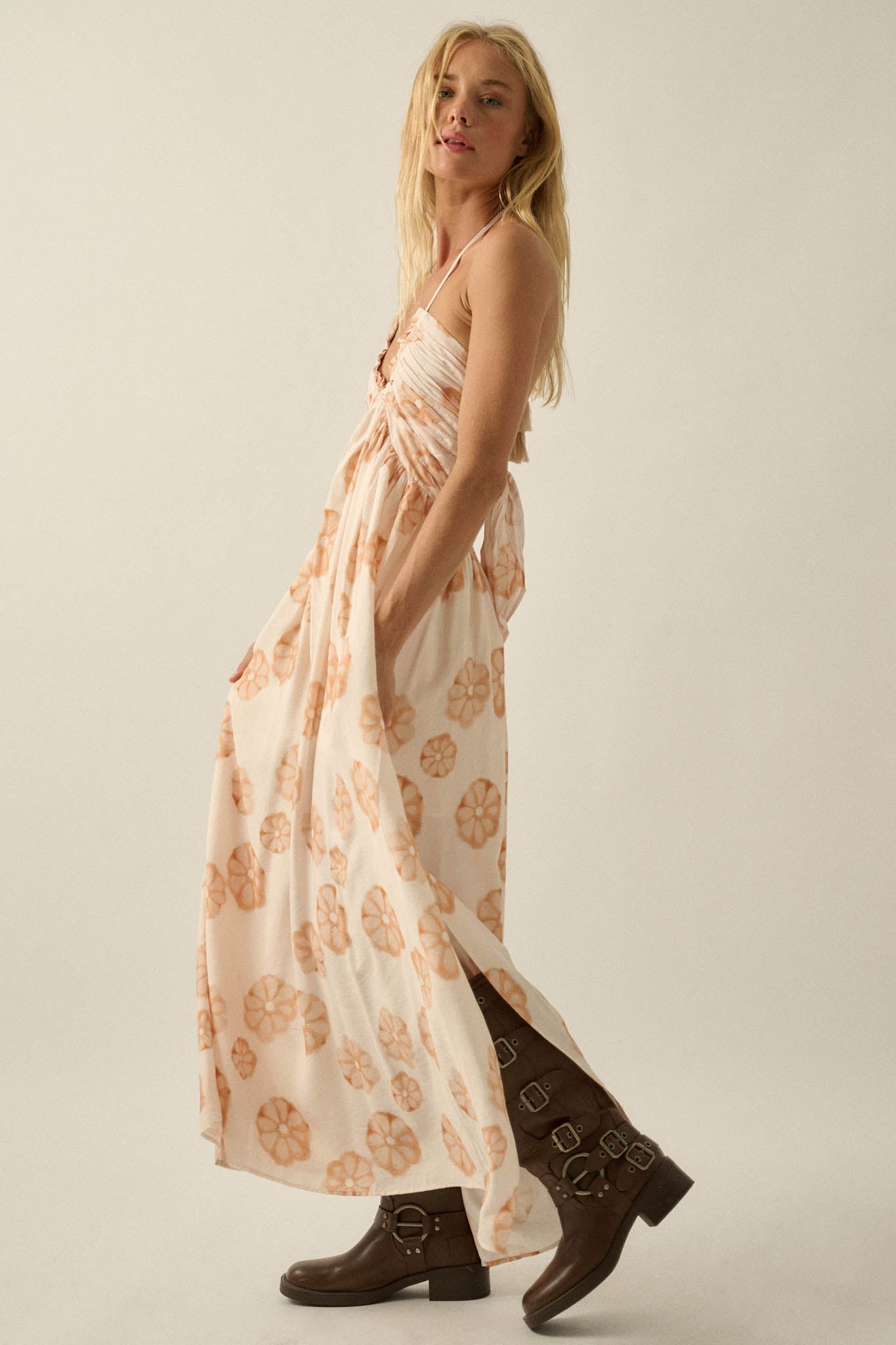 Summer Delight Floral Tie-Back Halter Maxi Dress