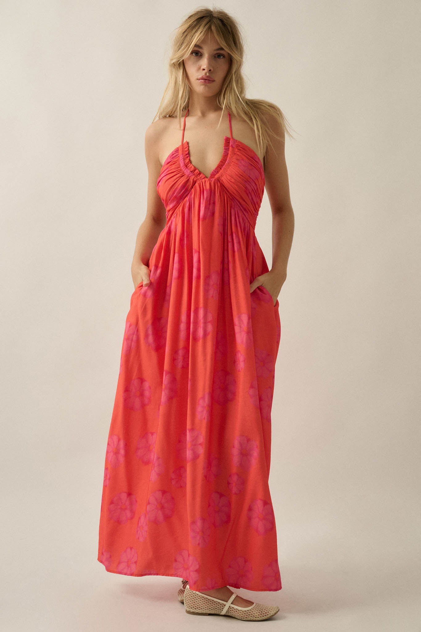 Summer Delight Floral Tie-Back Halter Maxi Dress