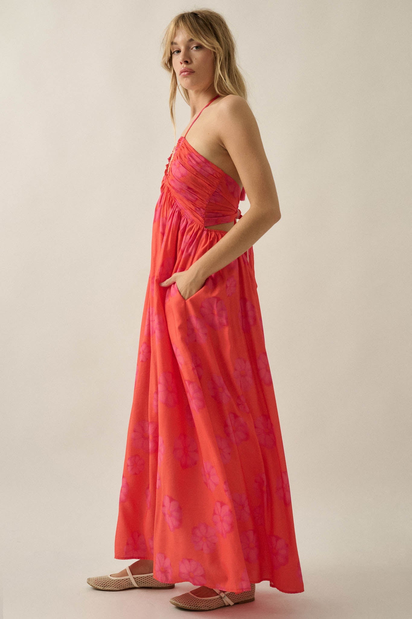 Summer Delight Floral Tie-Back Halter Maxi Dress