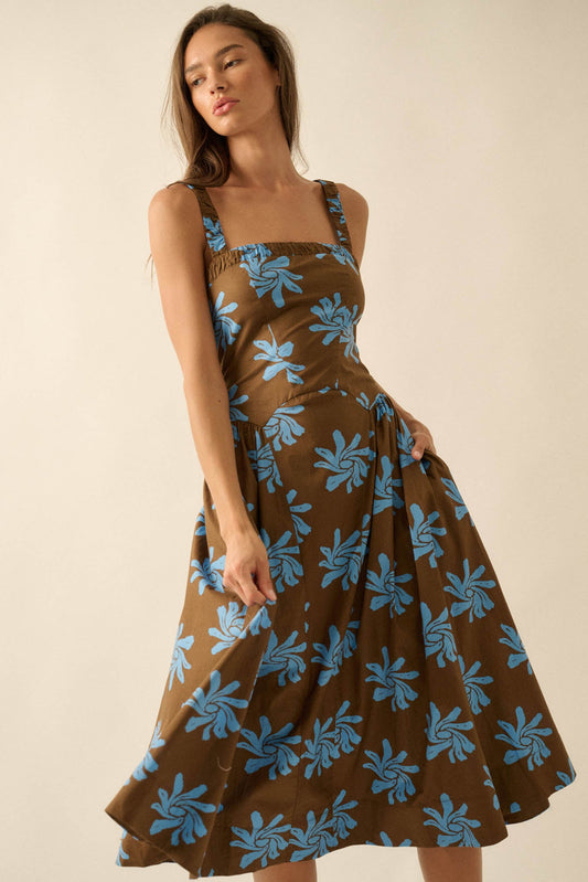 Twirling Blooms Floral-Print Pocket Midi Dress