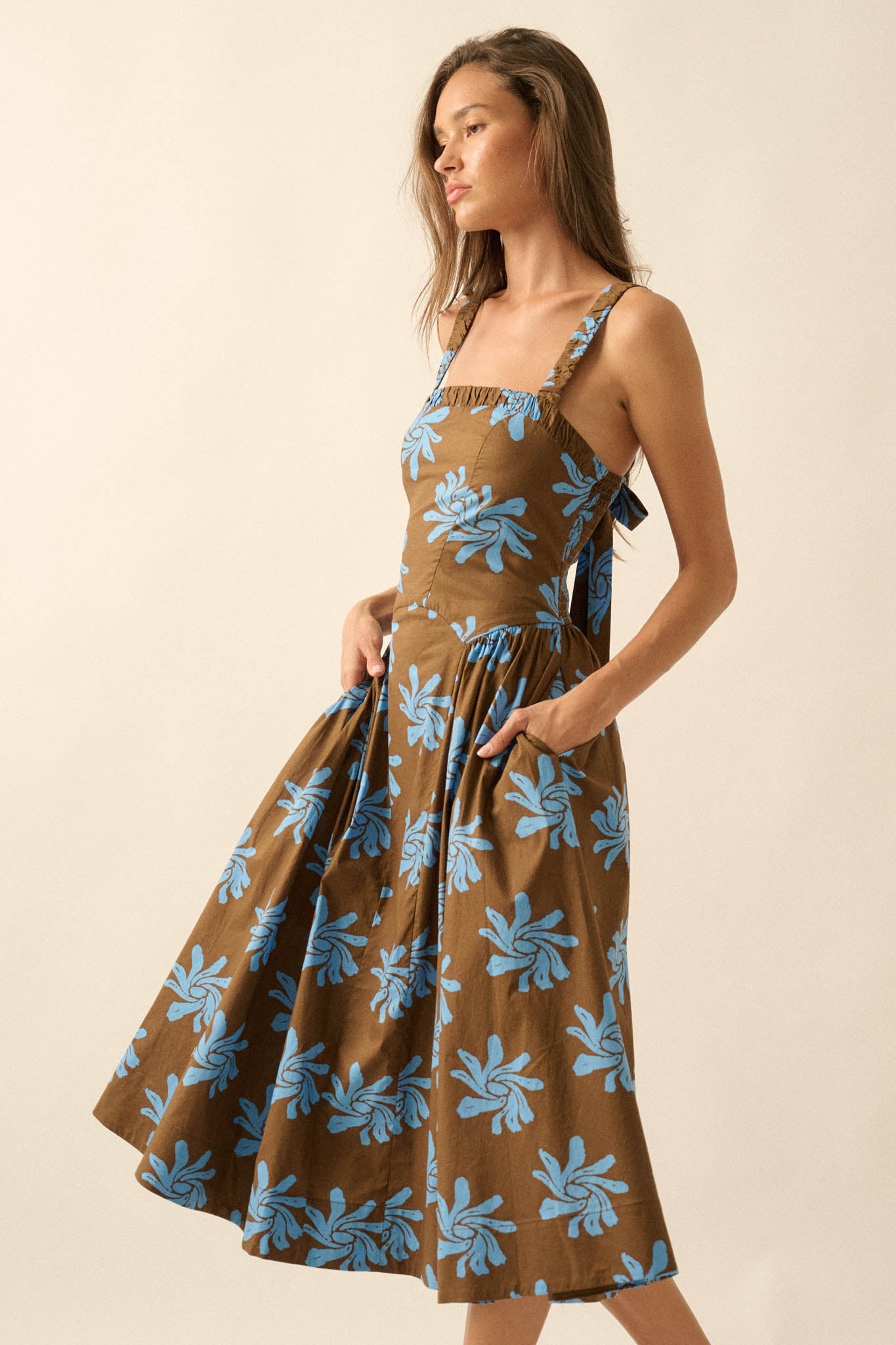 Twirling Blooms Floral-Print Pocket Midi Dress