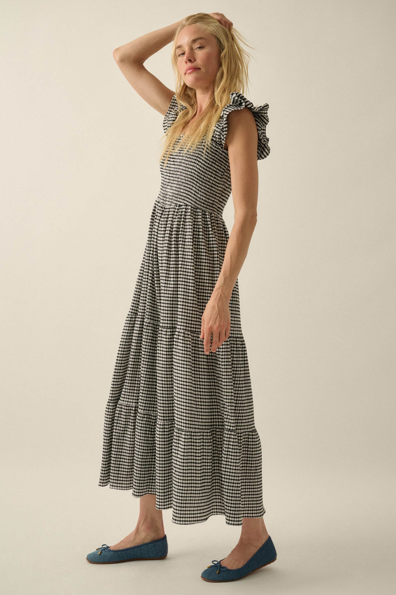 Sweet Treat Smocked Gingham Ruffle Midi Dress