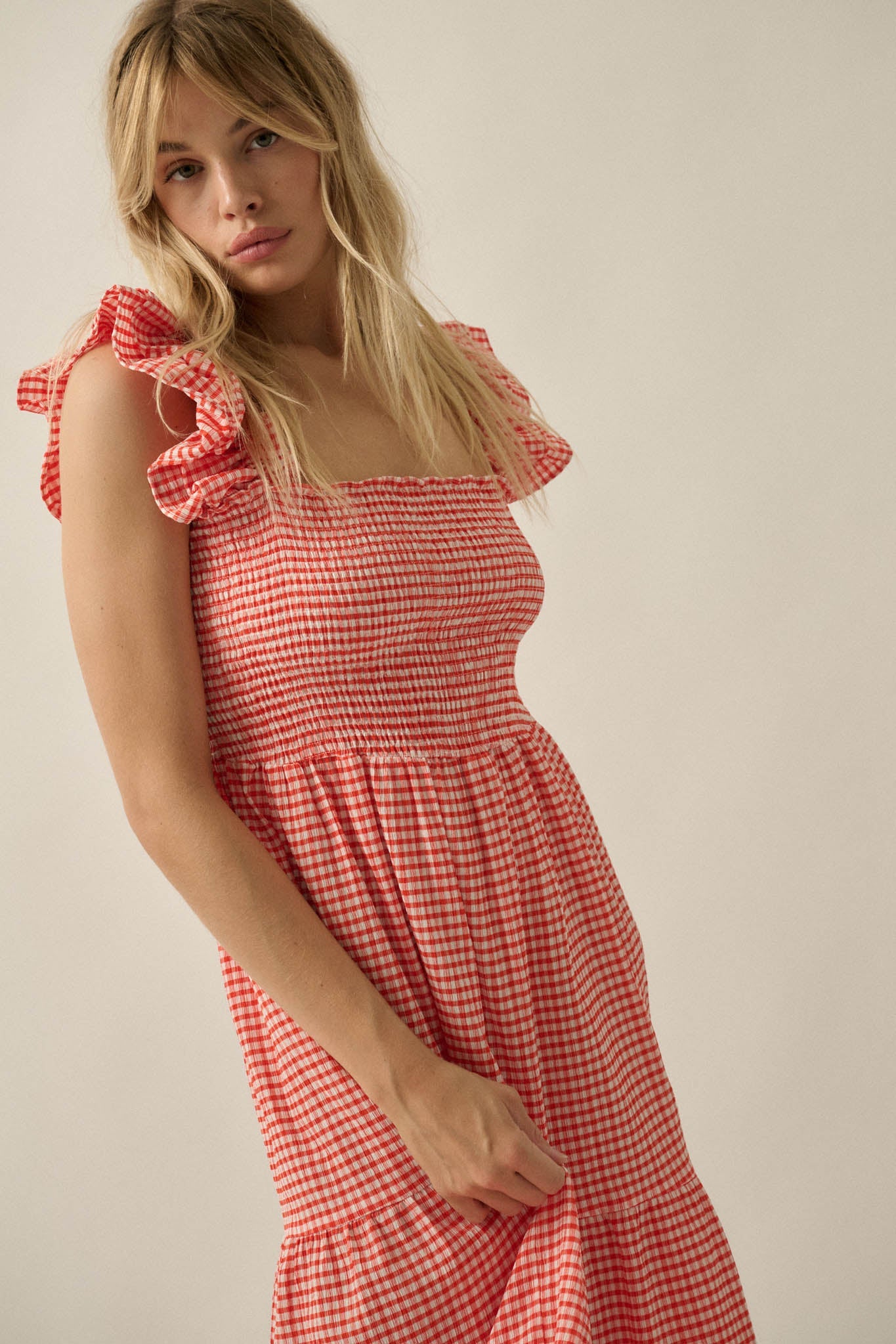 Sweet Treat Smocked Gingham Ruffle Midi Dress