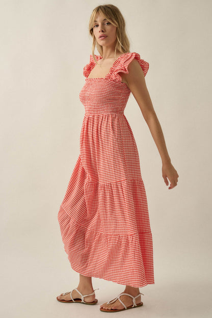 Sweet Treat Smocked Gingham Ruffle Midi Dress