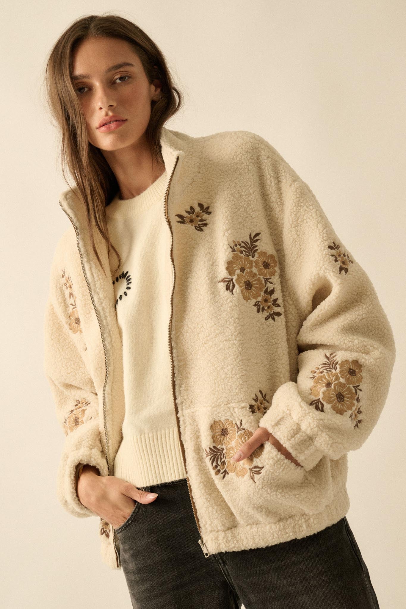 Warm Blossoms Floral-Embroidered Fleece Jacket