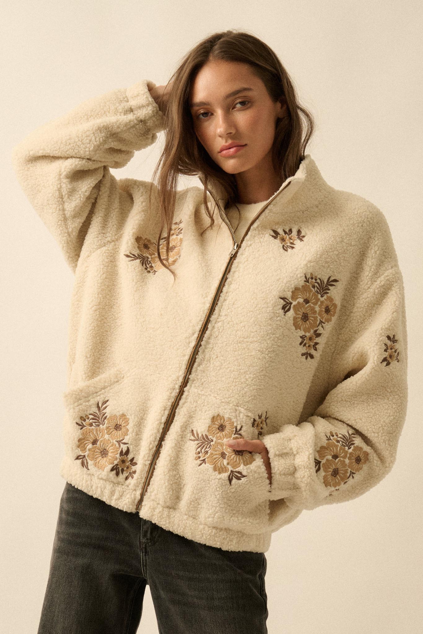 Warm Blossoms Floral-Embroidered Fleece Jacket