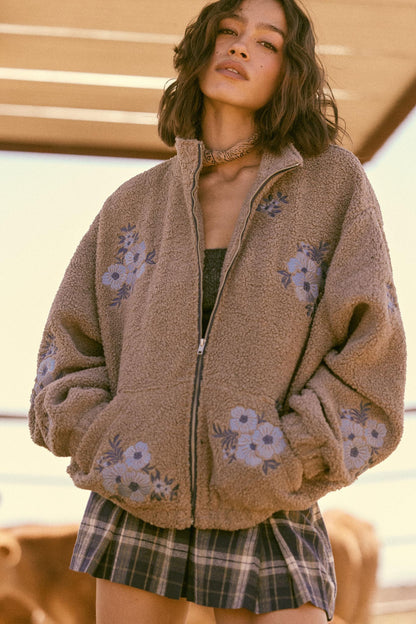 Warm Blossoms Floral-Embroidered Fleece Jacket
