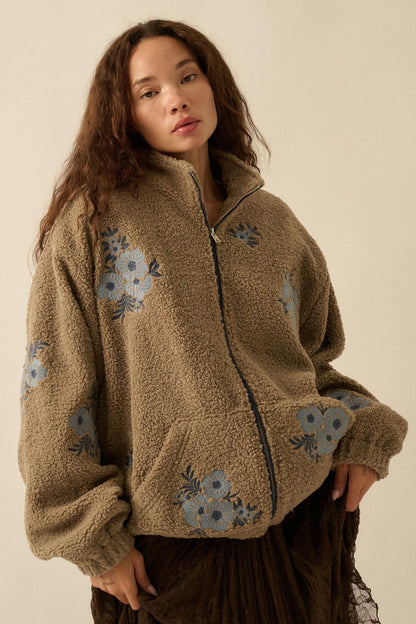 Warm Blossoms Floral-Embroidered Fleece Jacket