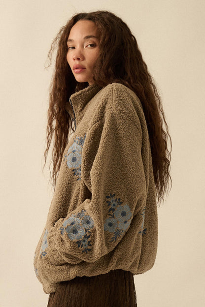 Warm Blossoms Floral-Embroidered Fleece Jacket