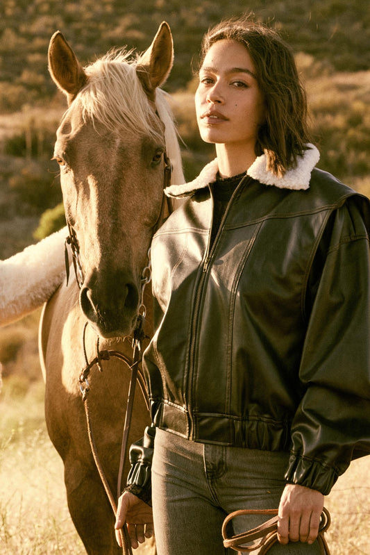 Taking Flight Fleece-Collar Faux Leather Jacket