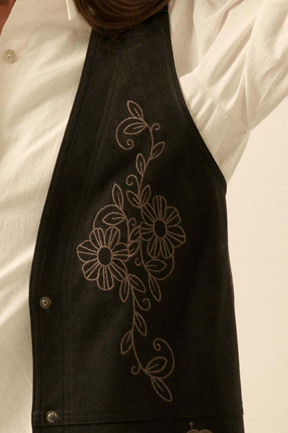 Sweet Meadow Floral-Embroidered Vegan Suede Vest
