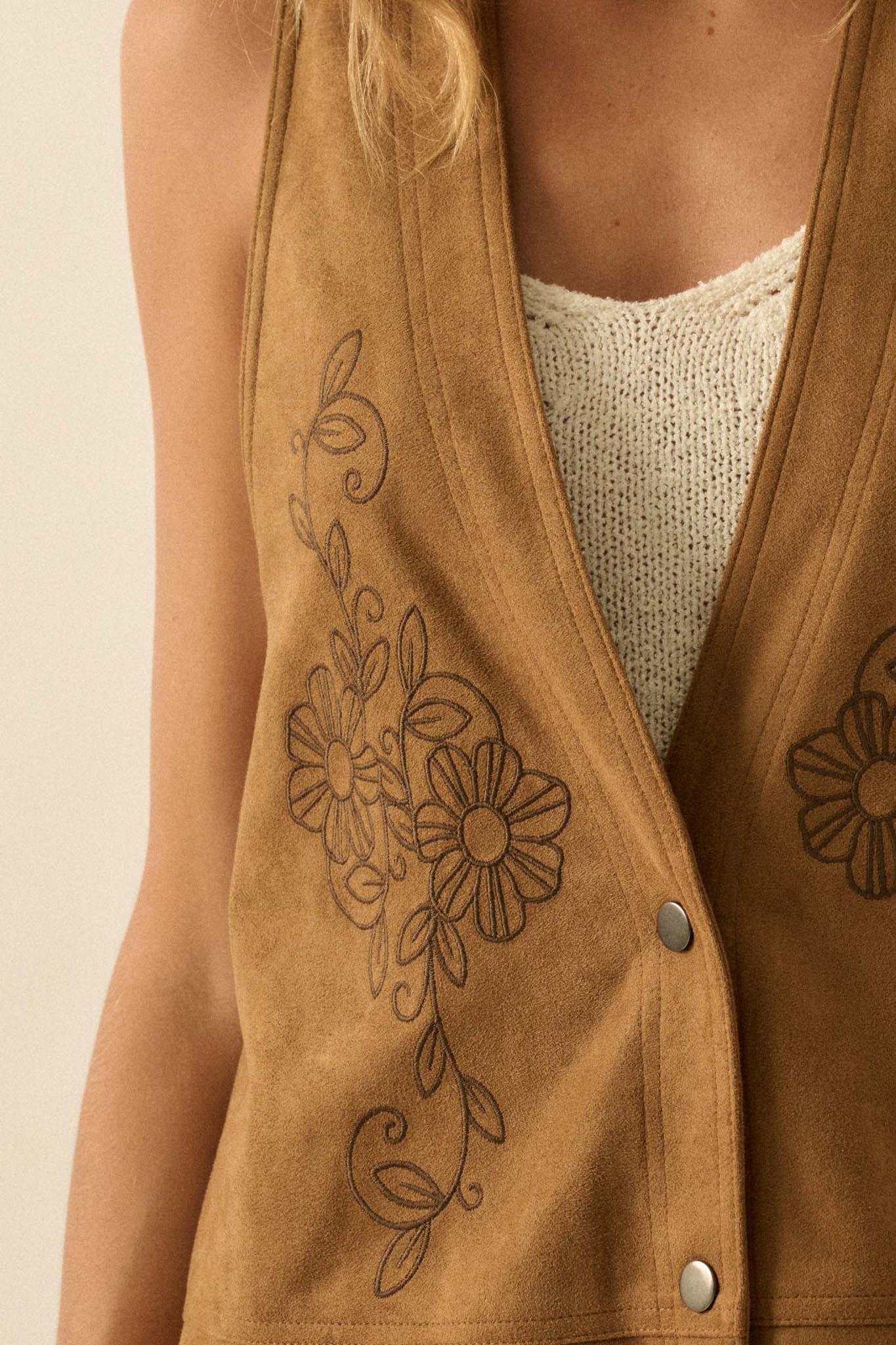 Sweet Meadow Floral-Embroidered Vegan Suede Vest