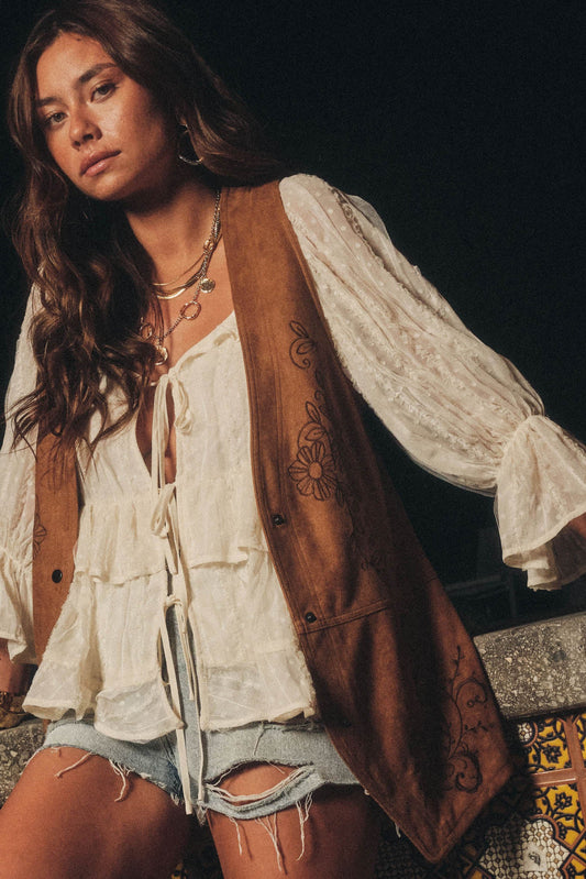 Sweet Meadow Floral-Embroidered Vegan Suede Vest