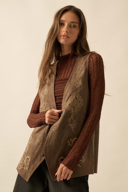 Sweet Meadow Floral-Embroidered Vegan Suede Vest
