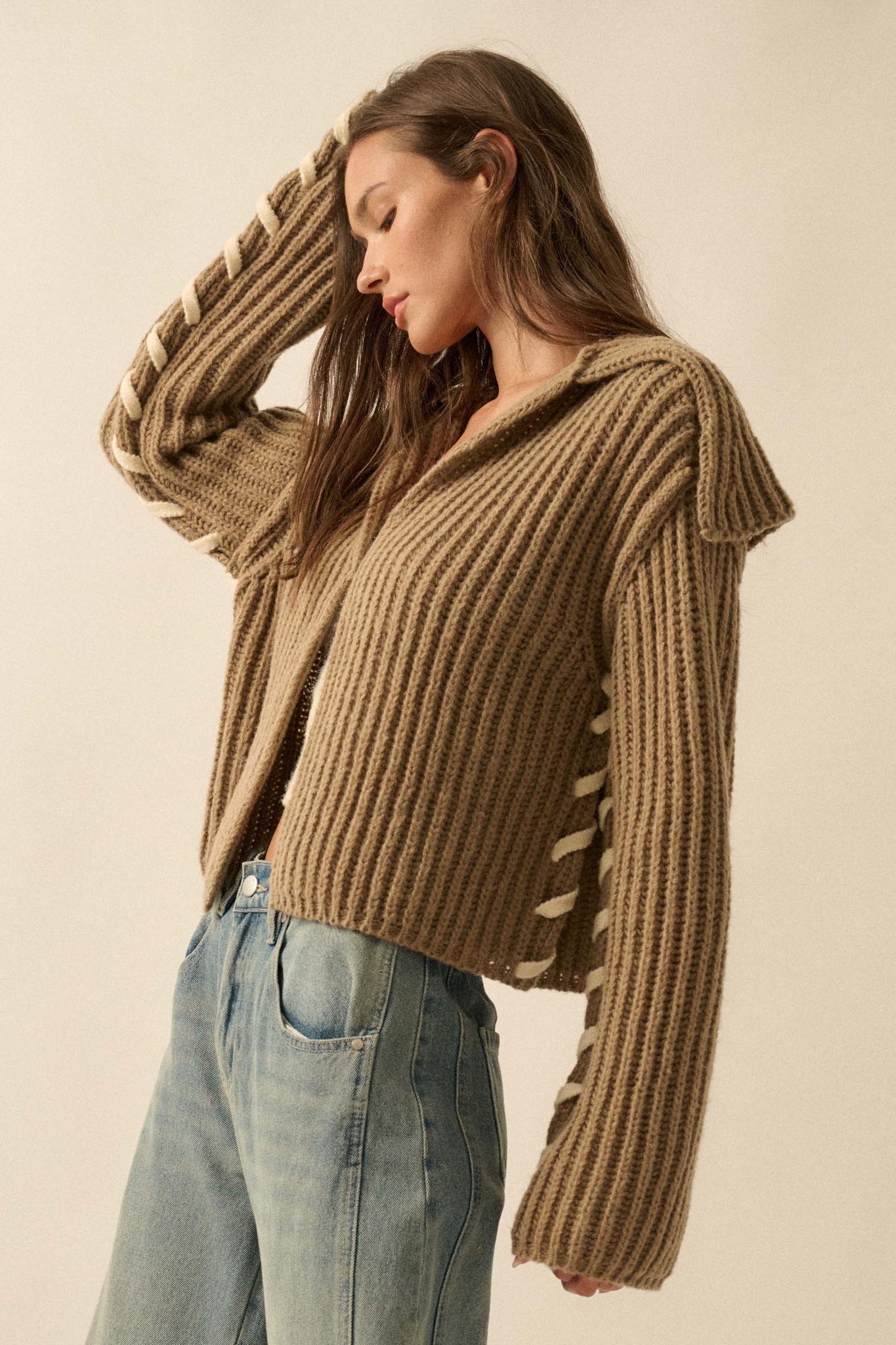 Stitch in Time Stitch-Detail Flap-Collar Cardigan