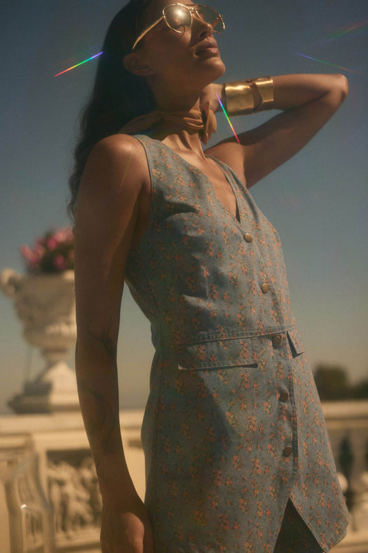 Twill Garden Floral-Print Denim Vest Romper