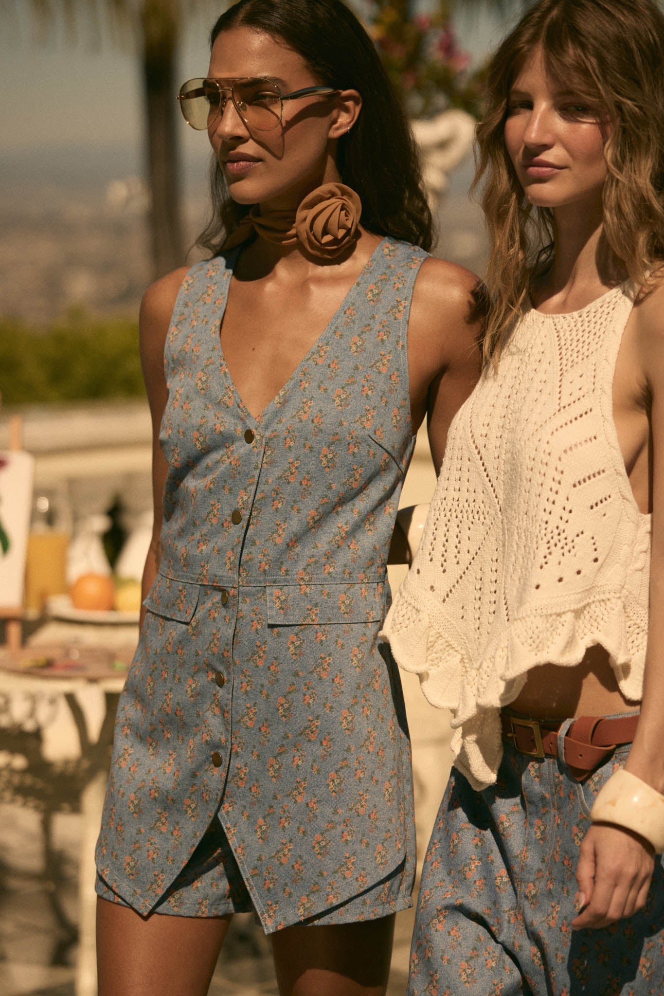 Twill Garden Floral-Print Denim Vest Romper
