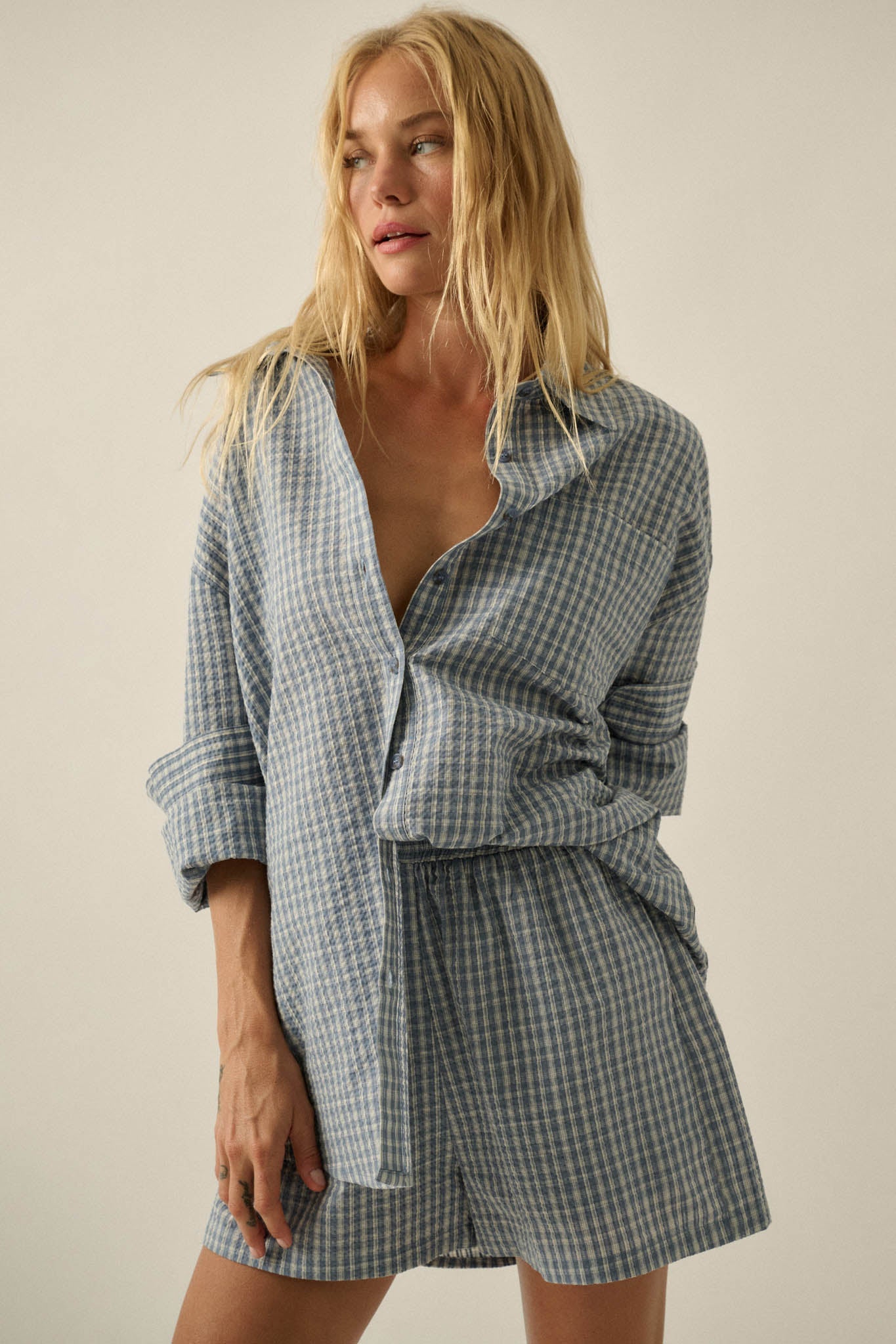 Sunny Sunday Plaid Seersucker Pleated Shorts