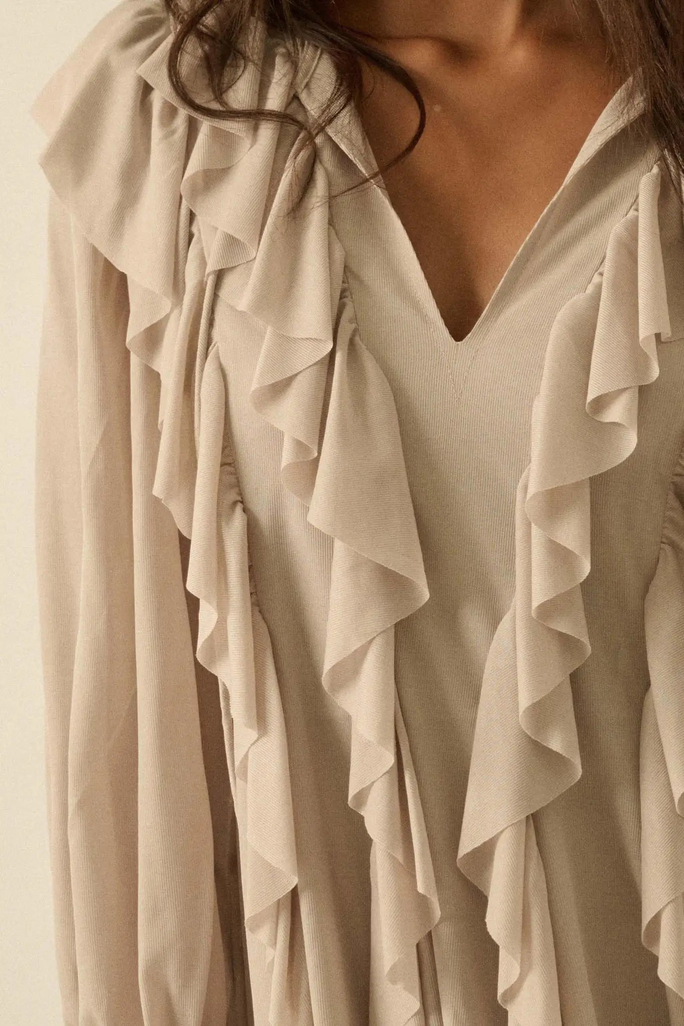 Wind Song Mesh Cascade Ruffle Peasant Romper