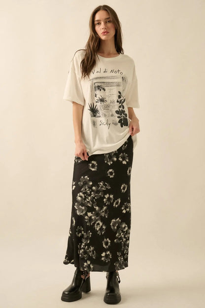 Whispering Petals Bias-Cut Floral Satin Maxi Skirt