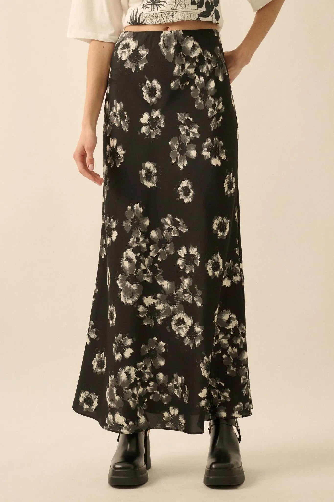 Whispering Petals Bias-Cut Floral Satin Maxi Skirt