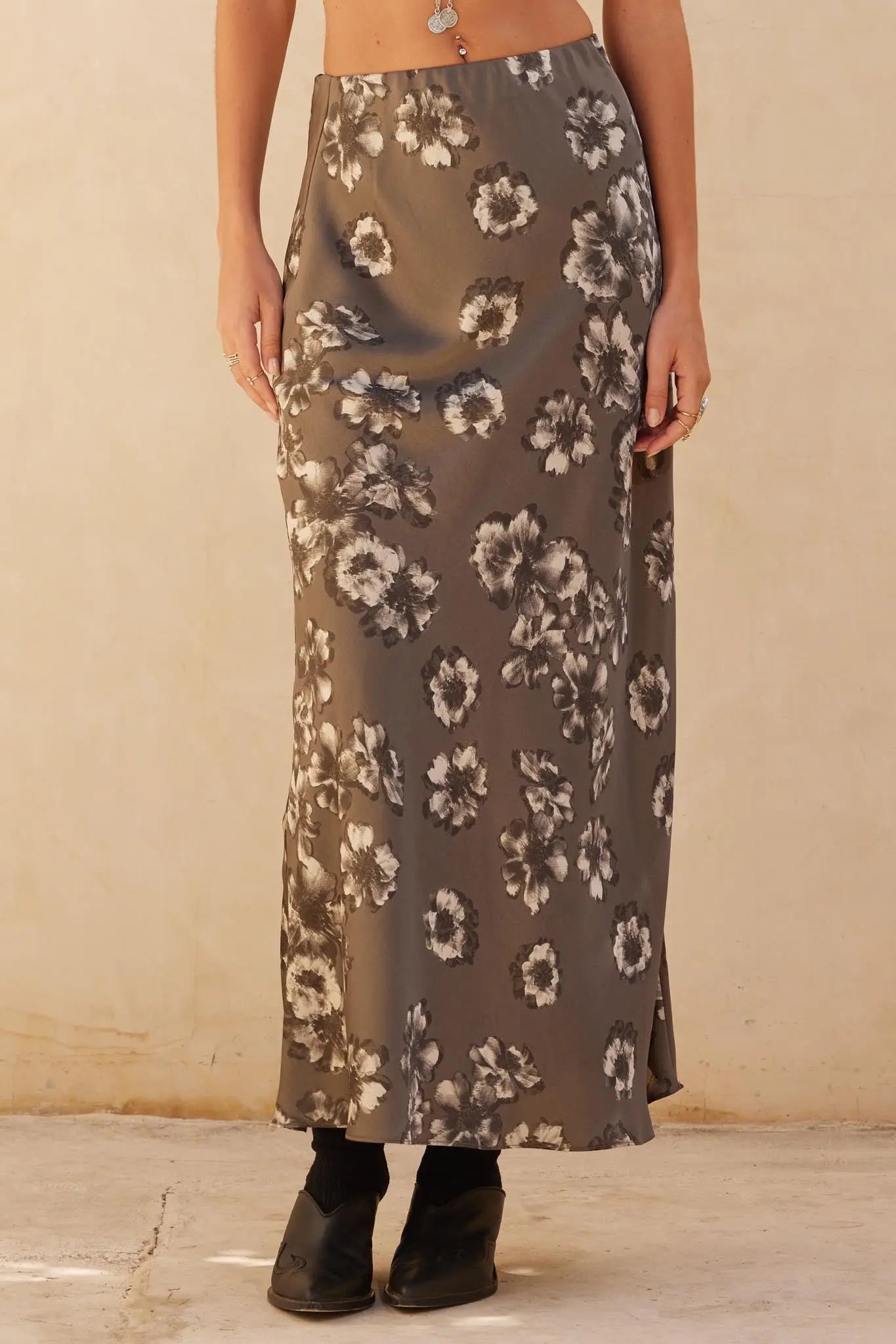 Whispering Petals Bias-Cut Floral Satin Maxi Skirt
