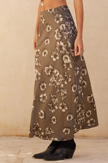 Whispering Petals Bias-Cut Floral Satin Maxi Skirt