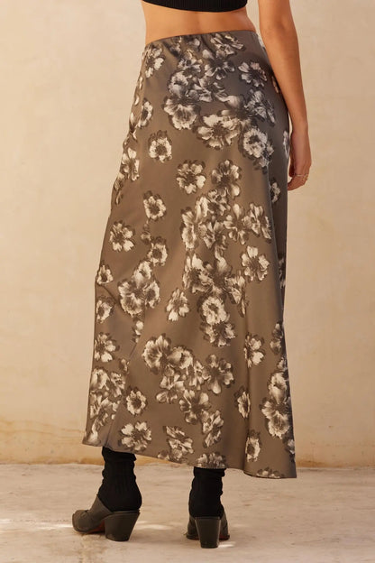 Whispering Petals Bias-Cut Floral Satin Maxi Skirt