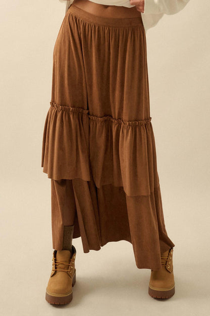 Tender Touch Vegan Suede Tiered Ruffle Maxi Skirt
