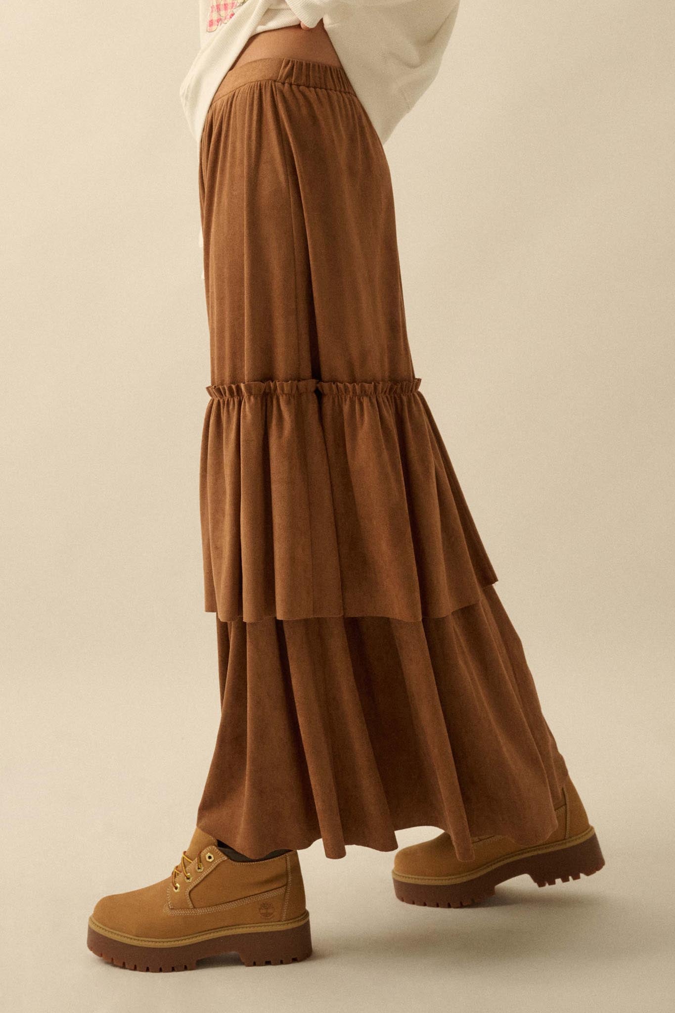 Tender Touch Vegan Suede Tiered Ruffle Maxi Skirt