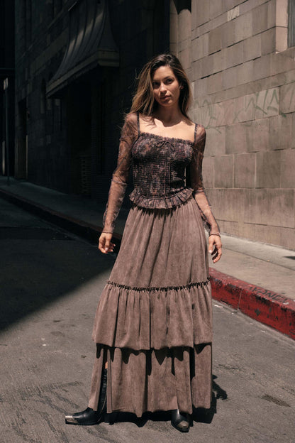 Tender Touch Vegan Suede Tiered Ruffle Maxi Skirt