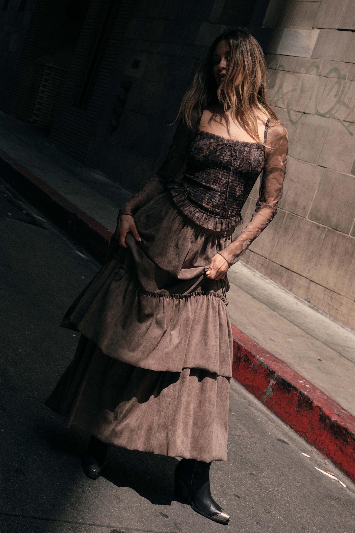 Tender Touch Vegan Suede Tiered Ruffle Maxi Skirt