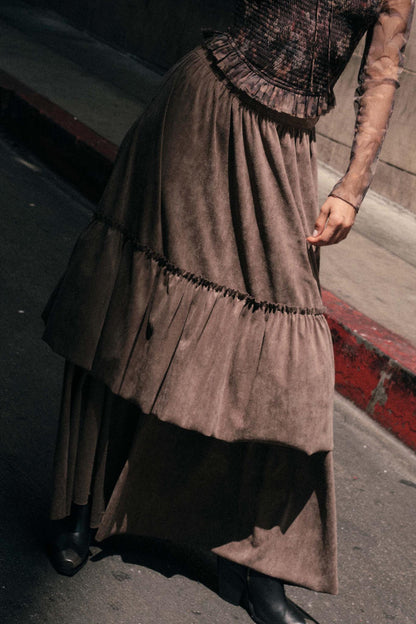 Tender Touch Vegan Suede Tiered Ruffle Maxi Skirt
