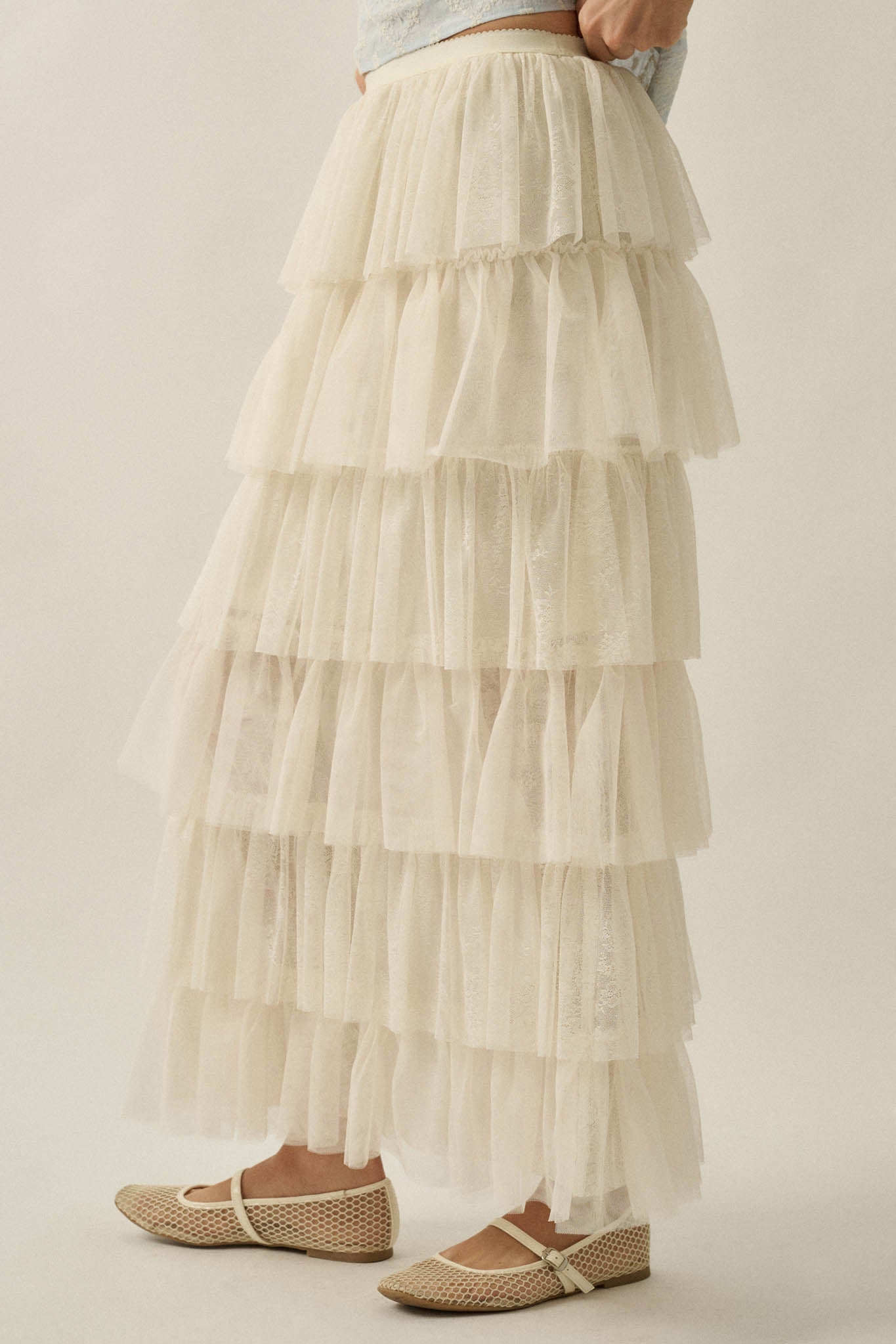 Twirl Power Floral Lace and Tulle Ruffle Maxi Skirt