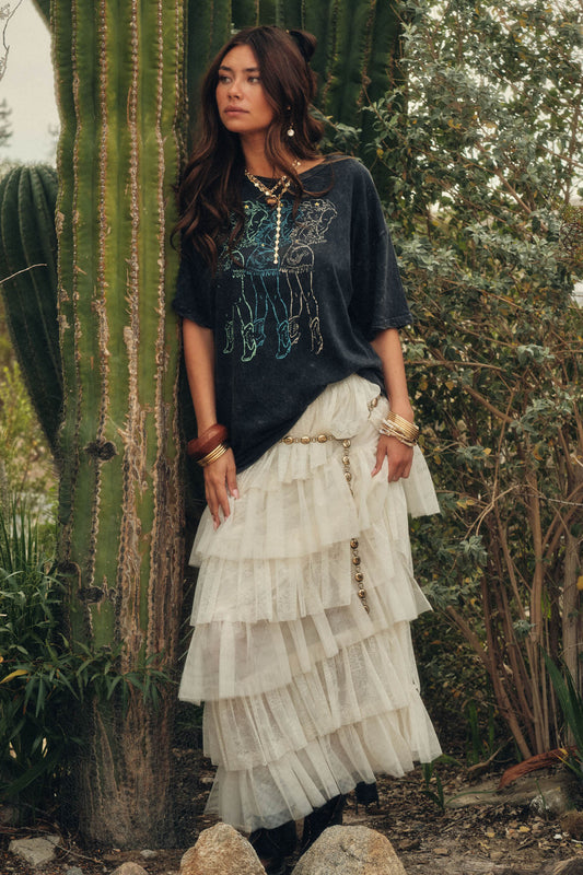 Twirl Power Floral Lace and Tulle Ruffle Maxi Skirt