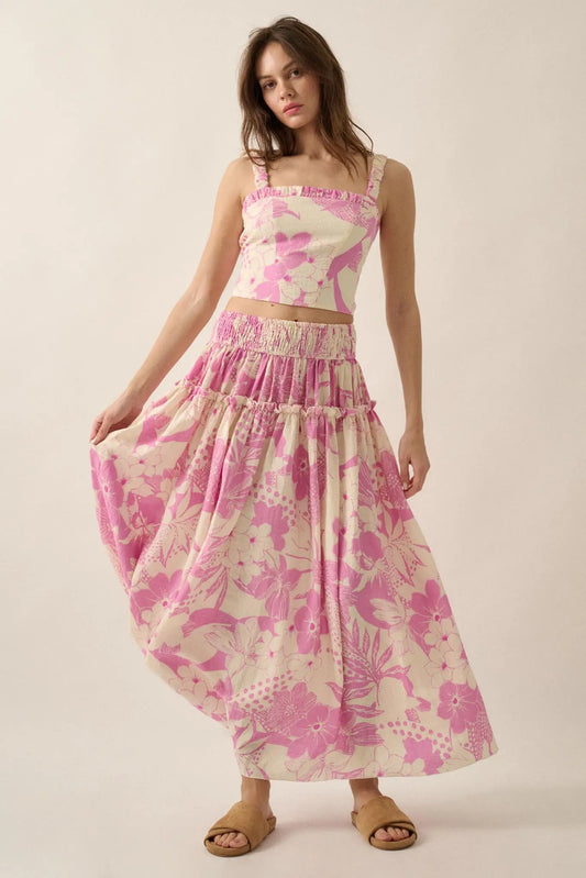 Taste the Tropics Floral Tiered Ruffle Maxi Skirt