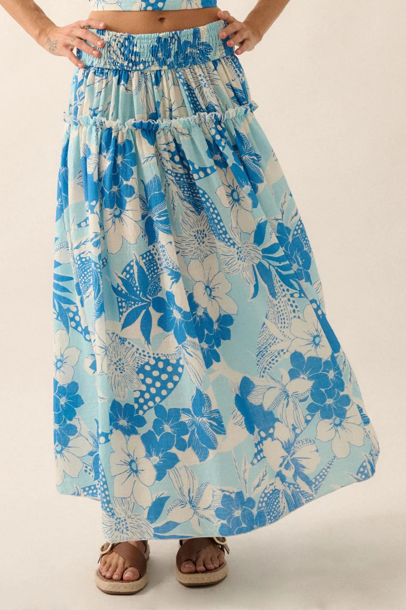 Taste the Tropics Floral Tiered Ruffle Maxi Skirt