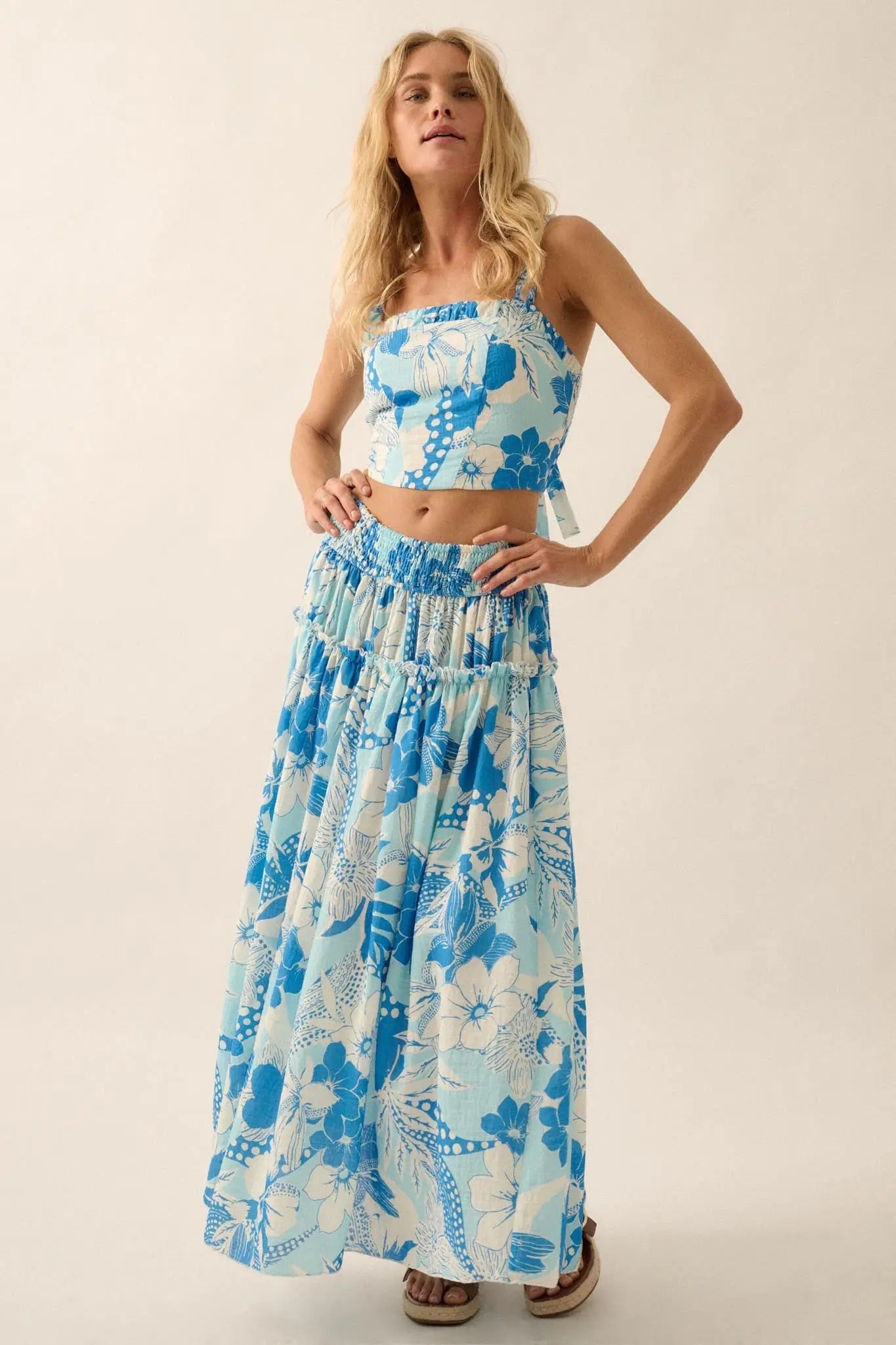 Taste the Tropics Floral Tiered Ruffle Maxi Skirt